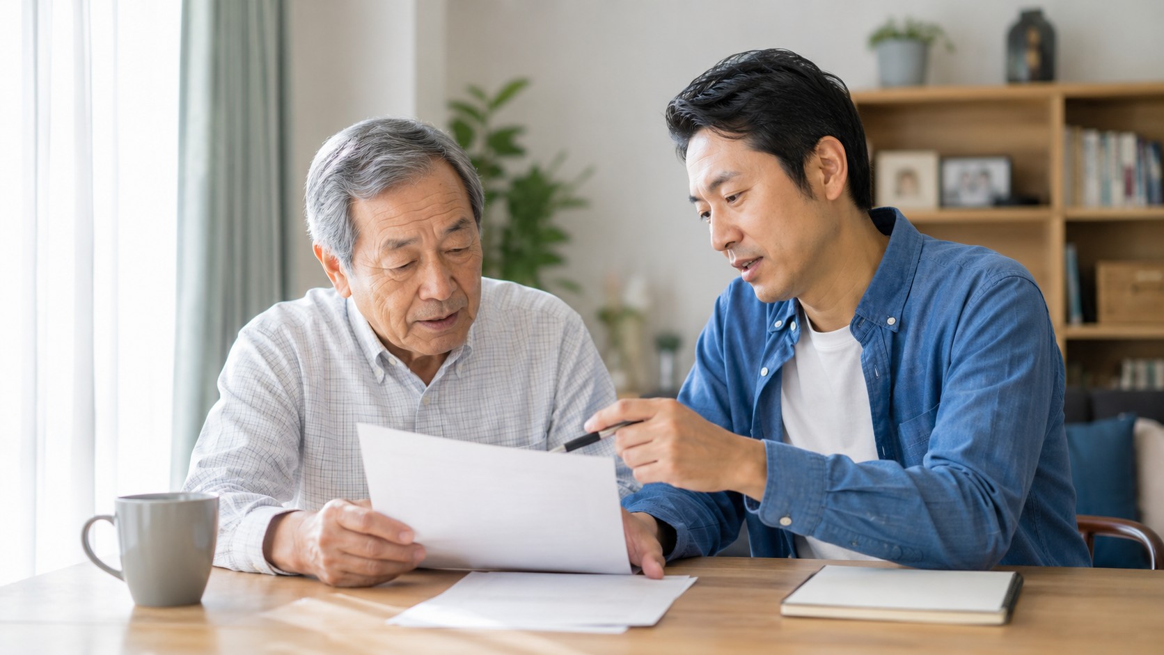 要介護認定の手続きについて家族が書類を確認している様子